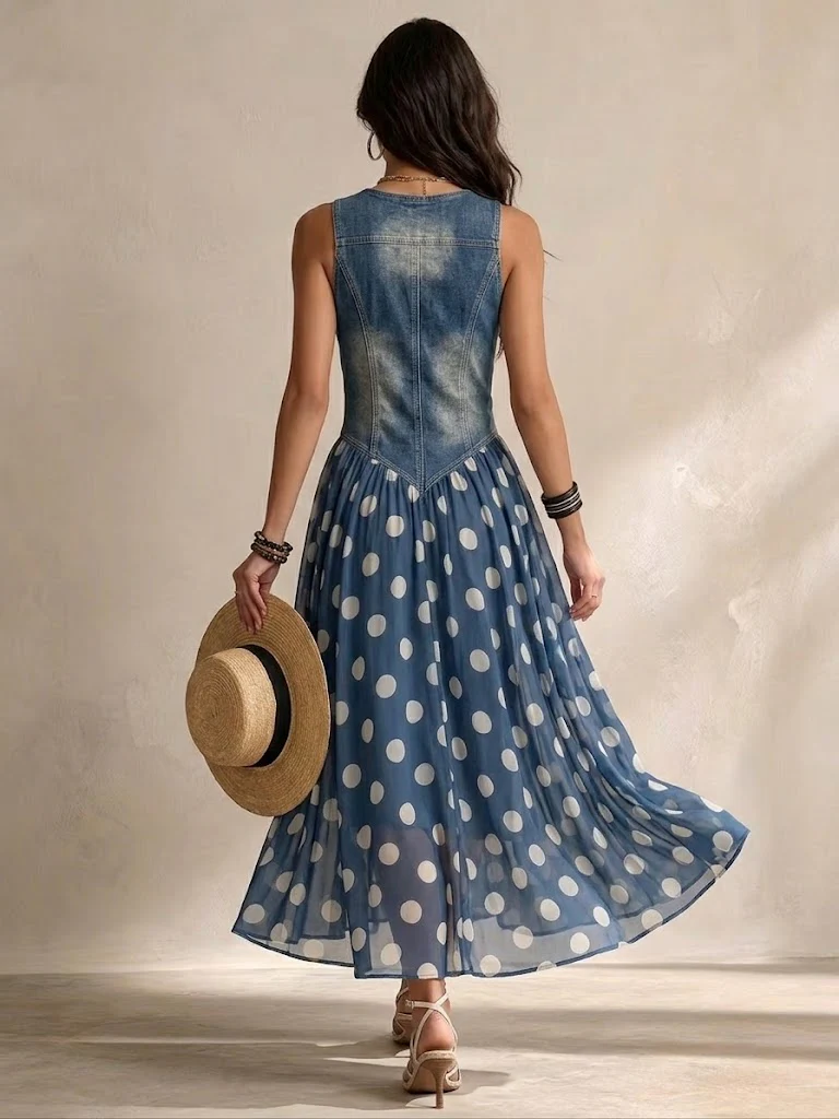 Adeline | Lång denimklänning med prickar